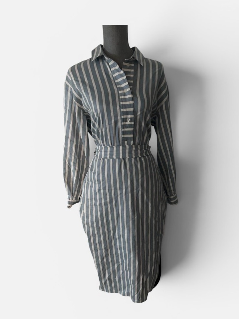 Striped Button-Front Shirt Dress in Blue and White